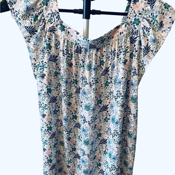 LOFT White and Blue Smocked Cap Sleeve Blouse - Picture 2 of 5